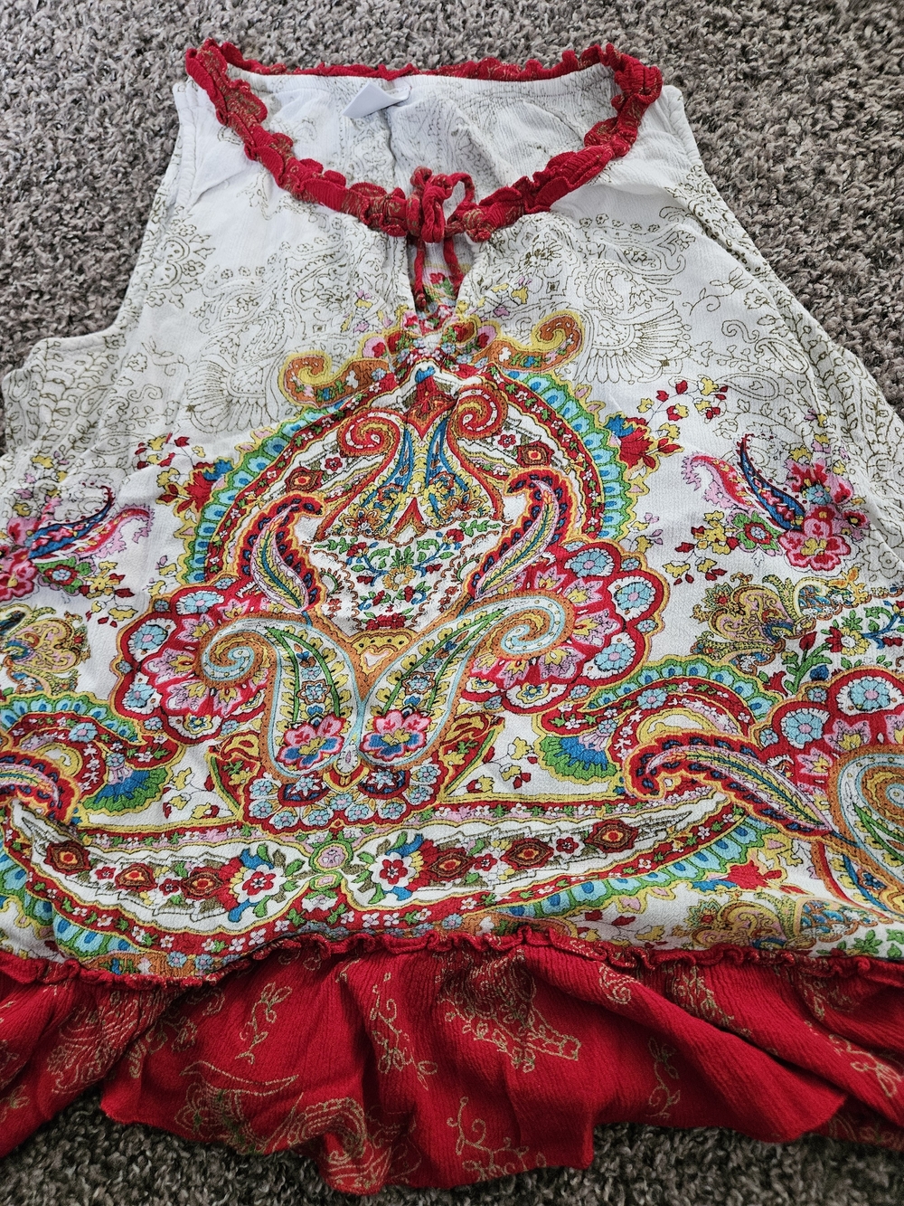 Source Unknown White Halter Dress with Red Paisley Trim
